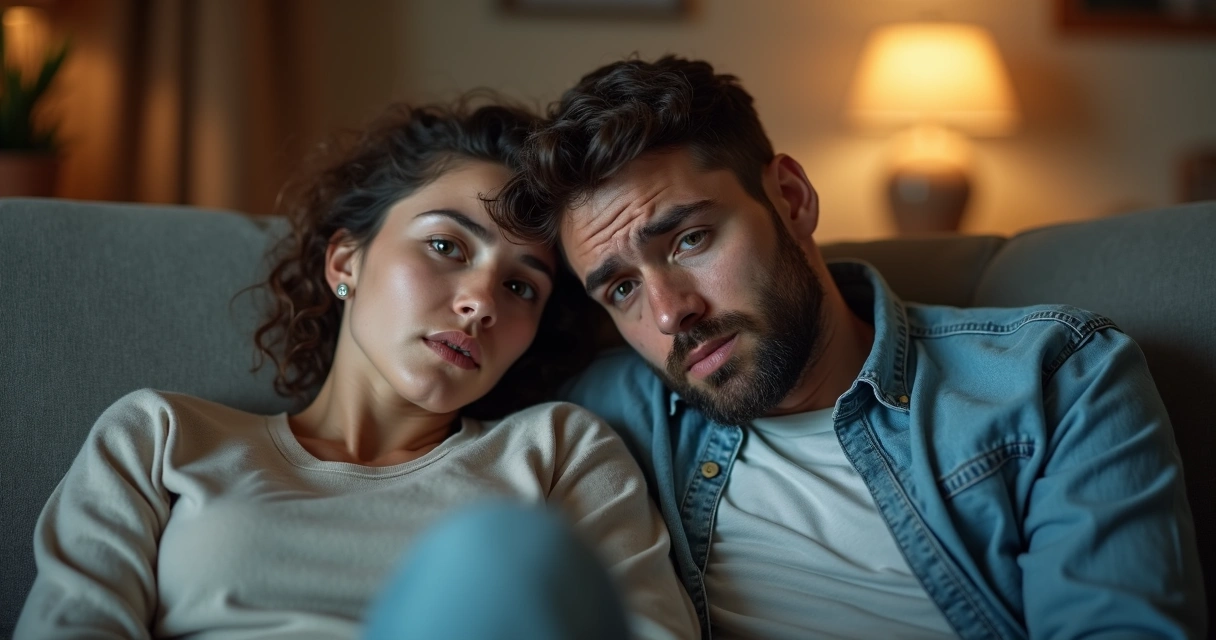 Duas pessoas sentadas próximas, uma apoiando a cabeça nos ombros da outra, ambas com expressões tensas e preocupadas 