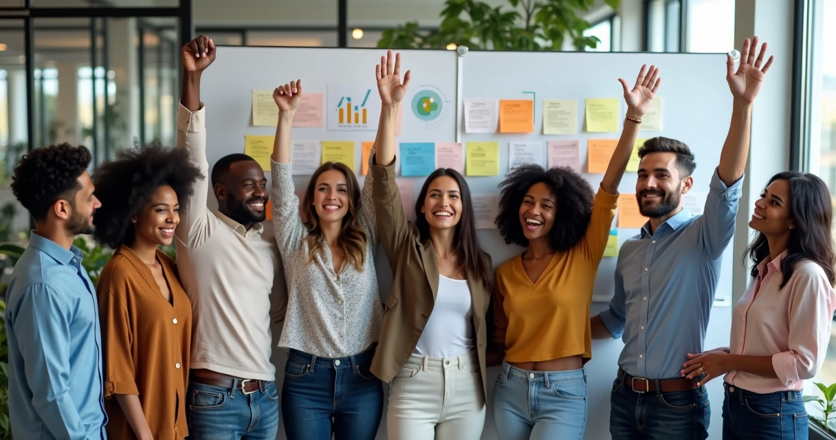 Equipe diversa celebrando resultado positivo e sorrindo 