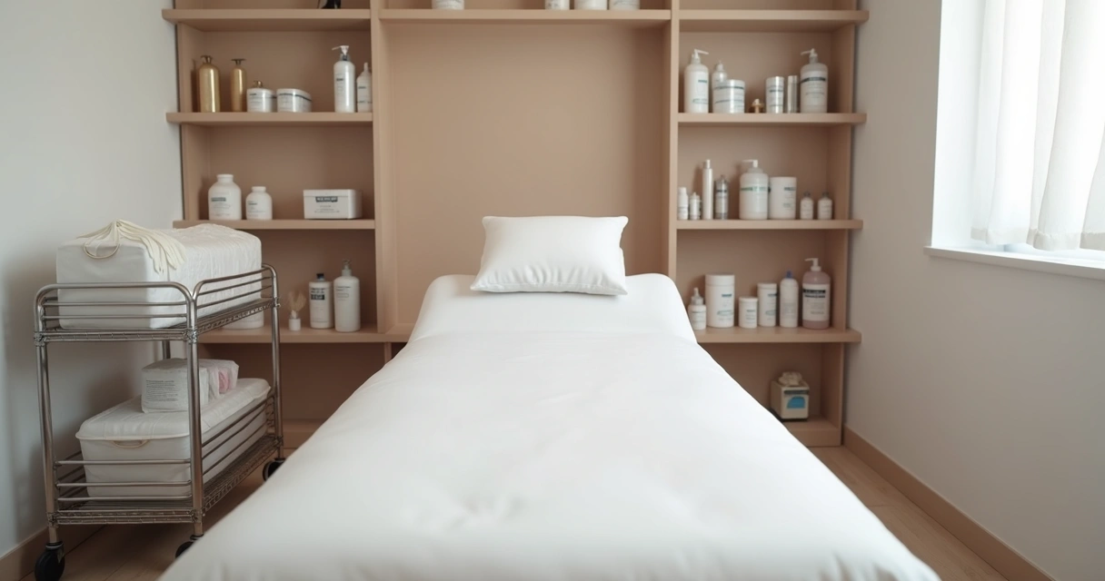 Sala de depilação com maca, luvas e materiais organizados 