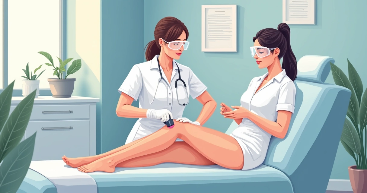 Mulher recebendo depilação a laser por profissional uniformizada