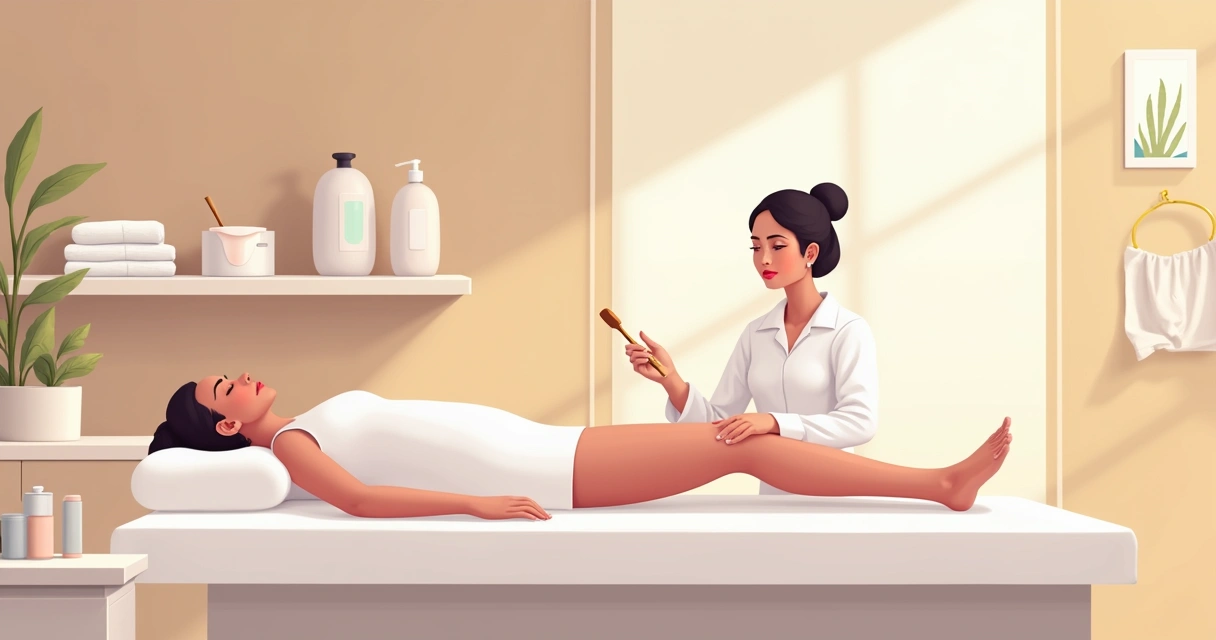 Aplicação de cera nas pernas em ambiente de estética 
