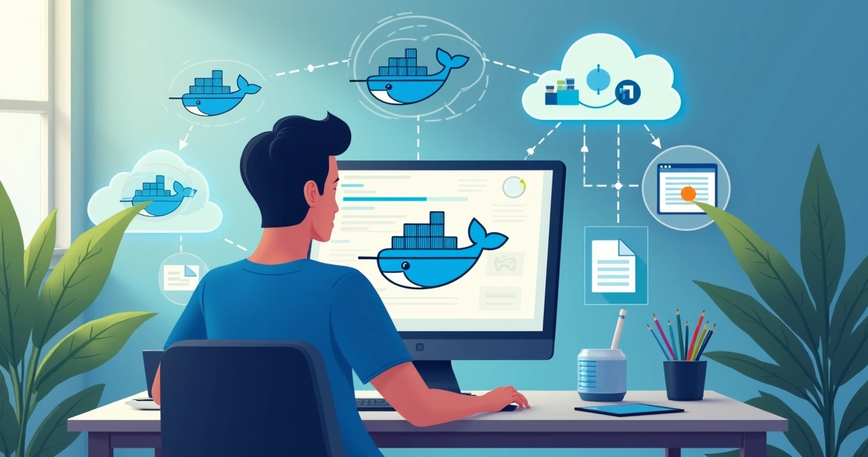 Ilustração de desenvolvedor usando computador para implantar containers Docker na nuvem 