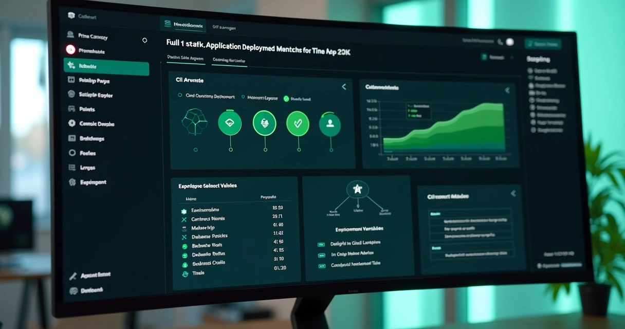 Painel de deploy com aplicação web, banco de dados e testes em execução 