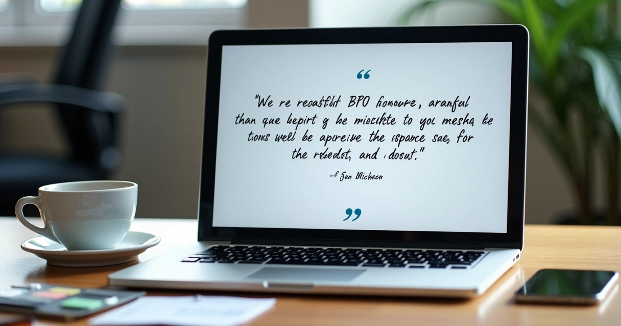 Depoimento escrito de cliente satisfeito com BPO financeiro em monitor de notebook 