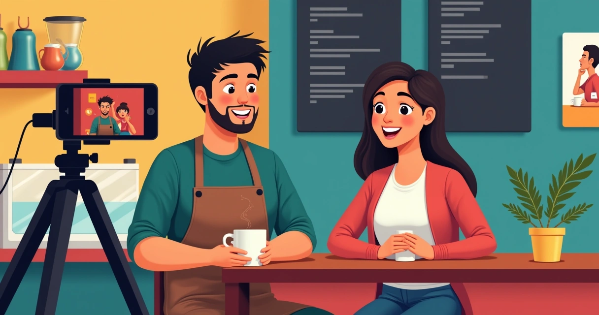 Cliente feliz dando depoimento para vídeo em local comercial 