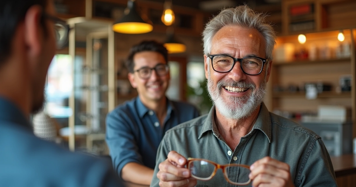 Cliente satisfeito posando com novos óculos e equipe da ótica ao fundo