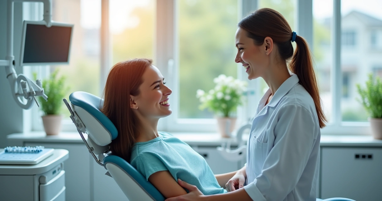 Paciente sorrindo em consultório odontológico