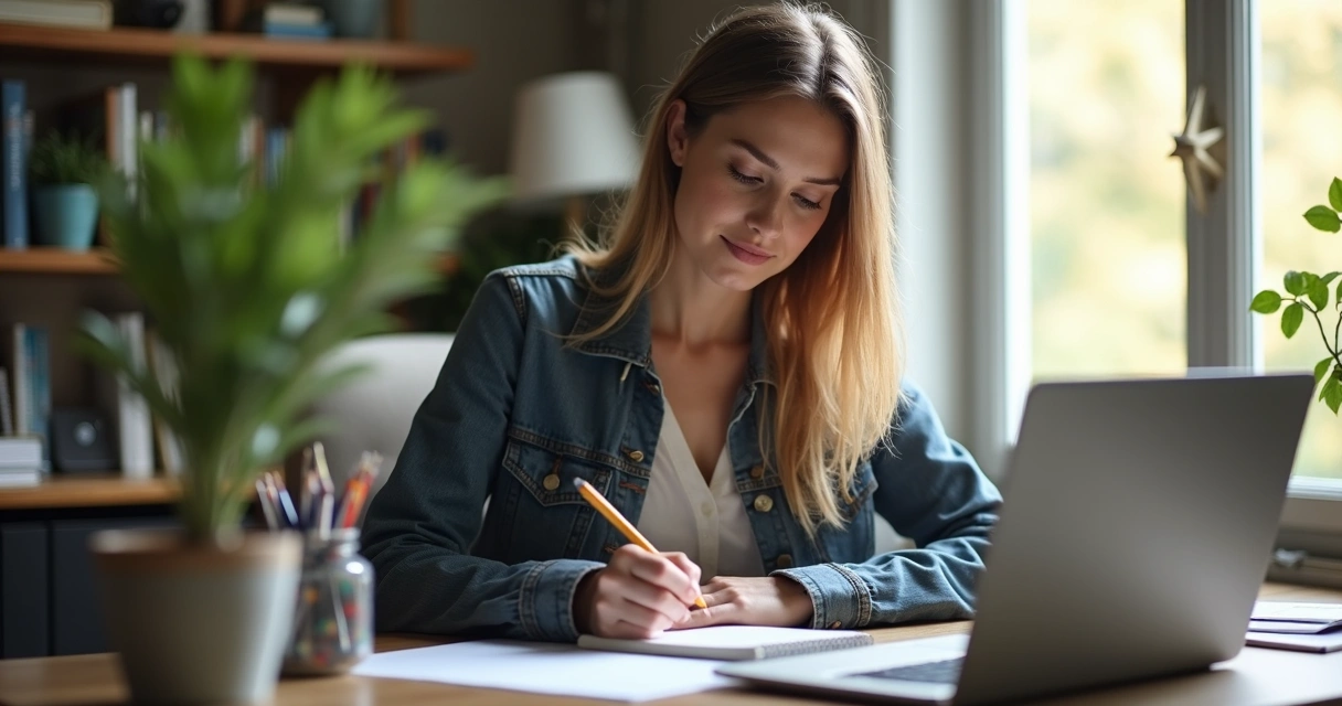 Mulher sentada escrevendo depoimento em caderno