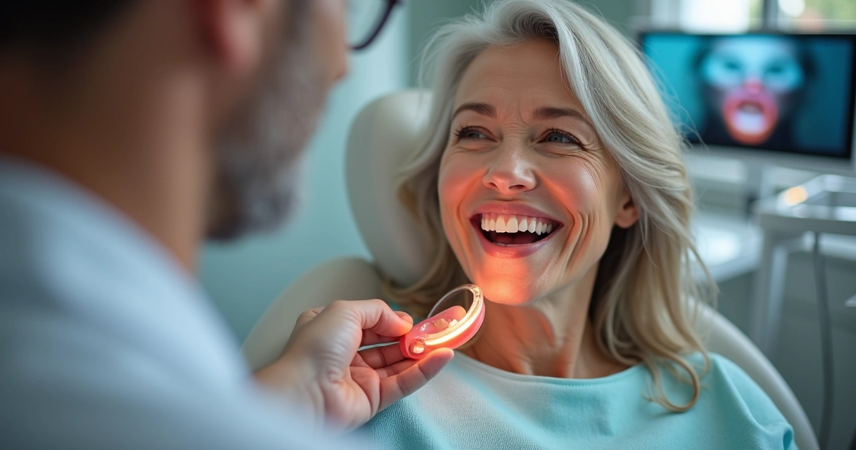 Paciente de clínica odontológica sorrindo após reabilitação oral 