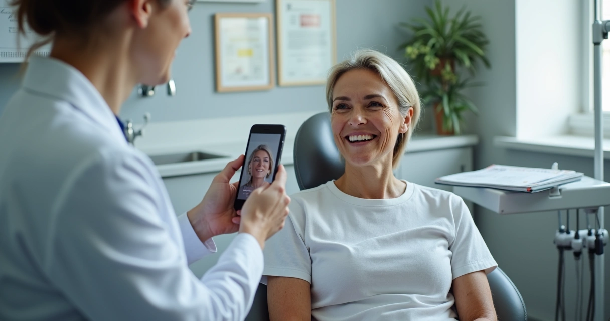 Paciente sorridente dando depoimento em uma clínica