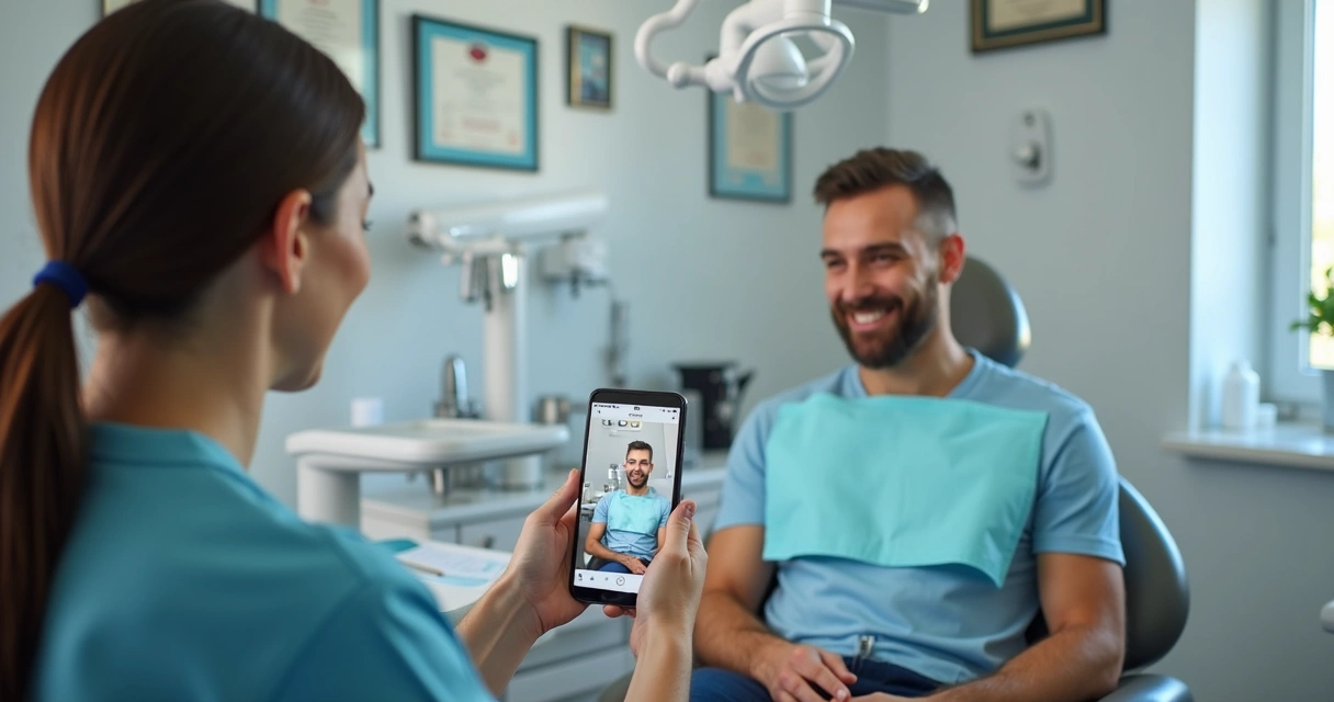 Paciente gravando depoimento em clínica odontológica 