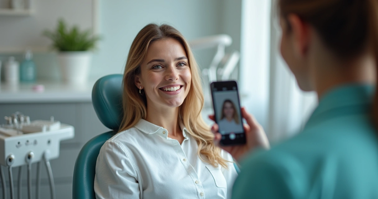 Paciente gravando depoimento em consultório odontológico moderno