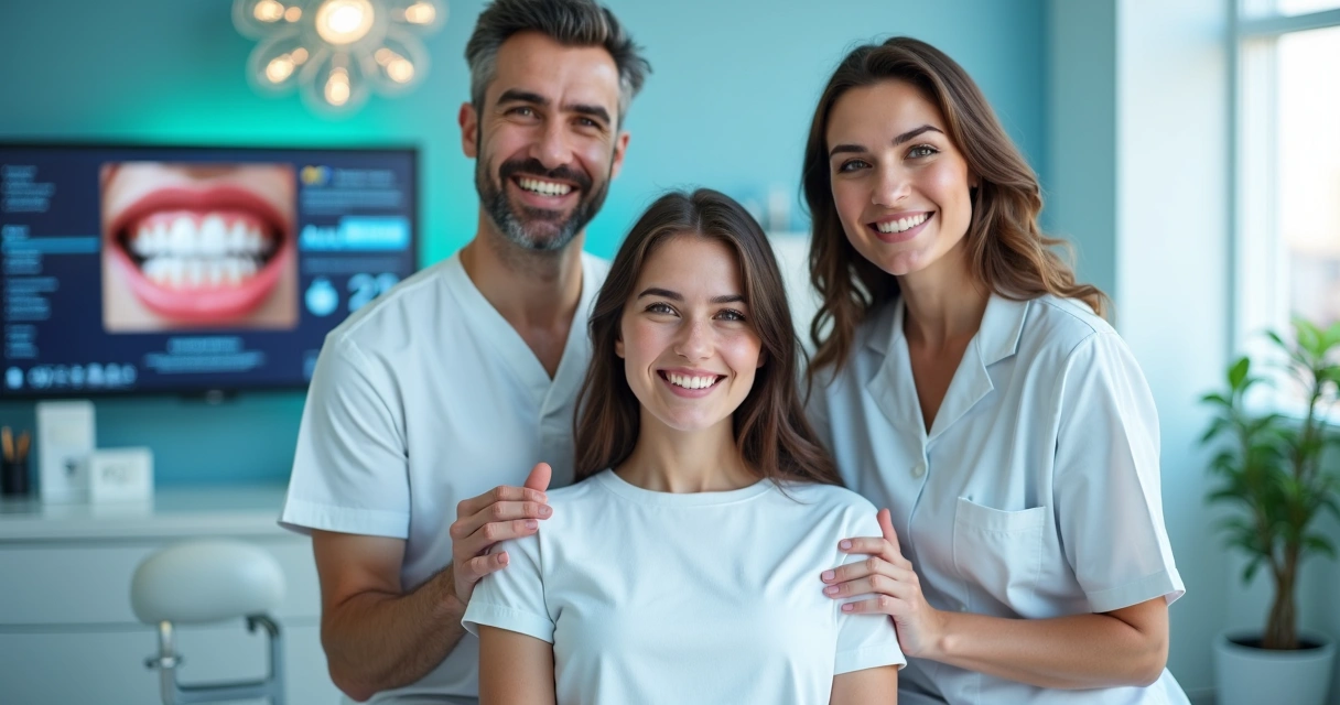 Equipe odontológica com paciente sorridente mostrando depoimento digital.