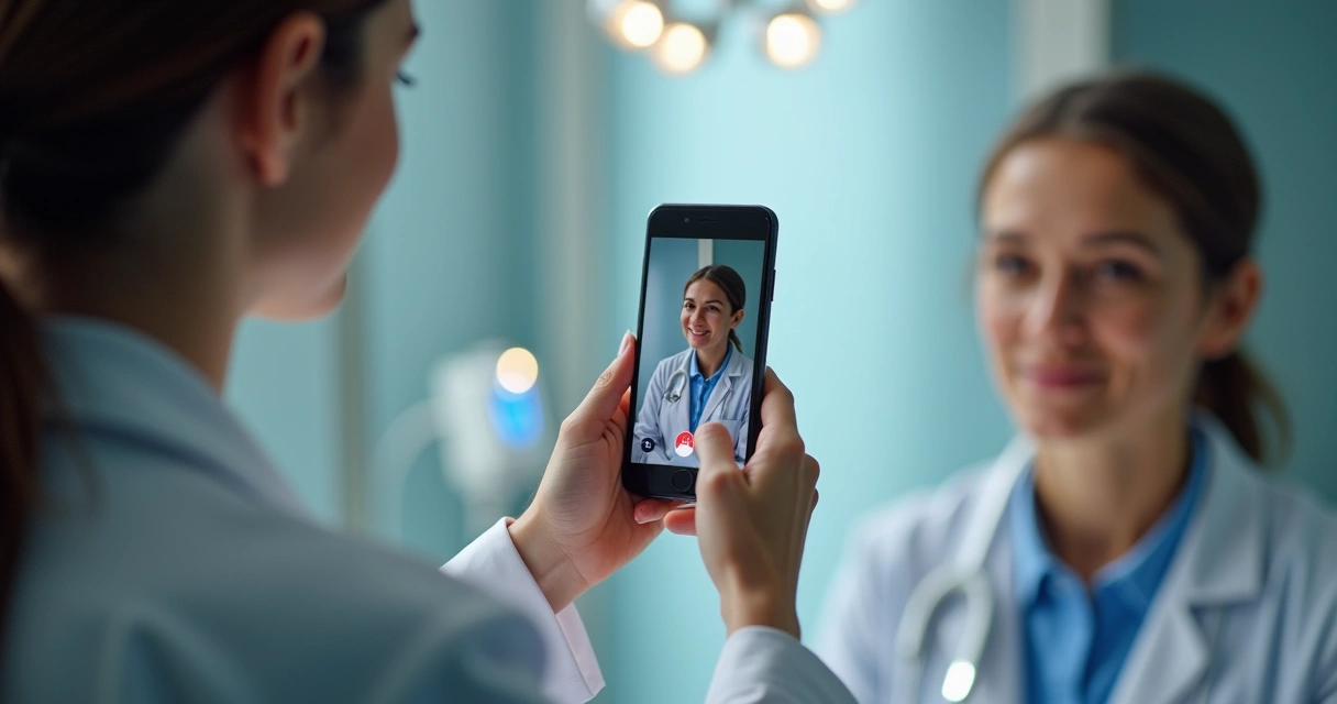 Médico e paciente gravando depoimento em consultório