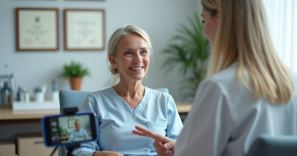 Paciente sorrindo dando depoimento em clínica 