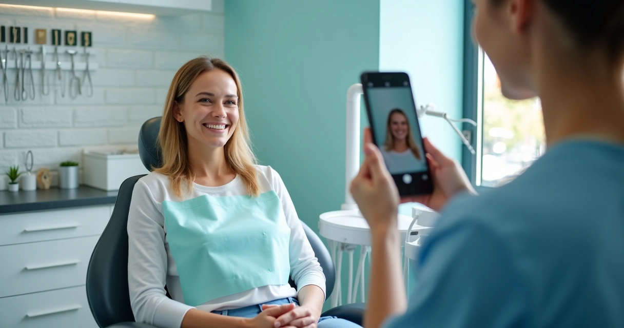 Paciente dando depoimento em clínica odontológica 