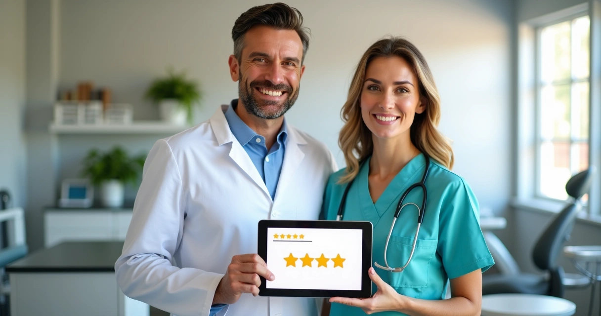 Paciente sorrindo ao lado de dentista mostrando um depoimento positivo em tablet 
