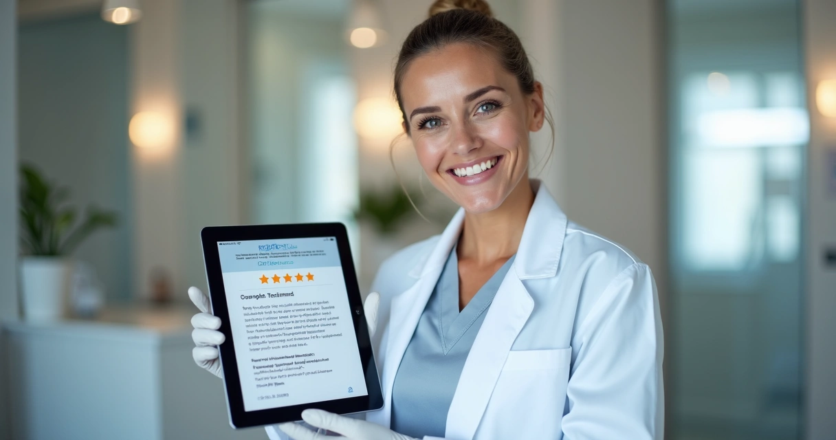 Profissional de saúde mostrando avaliação de paciente na tela de um tablet 