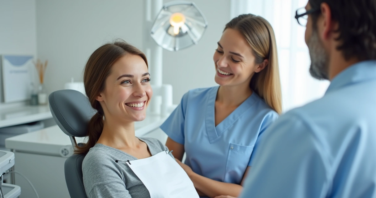 Paciente sorridente dando depoimento em consultório sobre lentes dentais