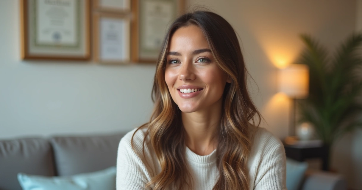 Paciente em vídeo depoimento, rosto parcialmente desfocado, fundo do consultório. 