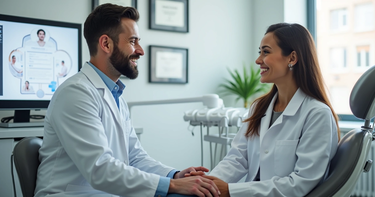 Paciente sorrindo ao lado de dentista em consultório com ar de satisfação 