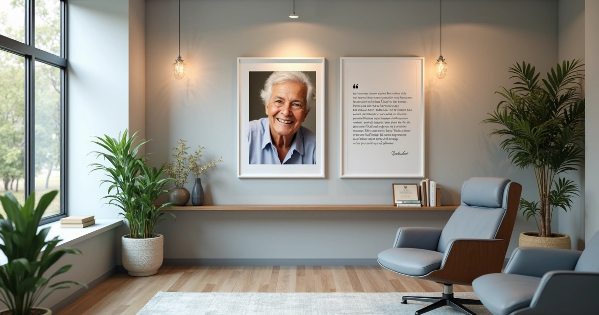 Paciente sorrindo após implante, depoimento em destaque na parede da clínica 