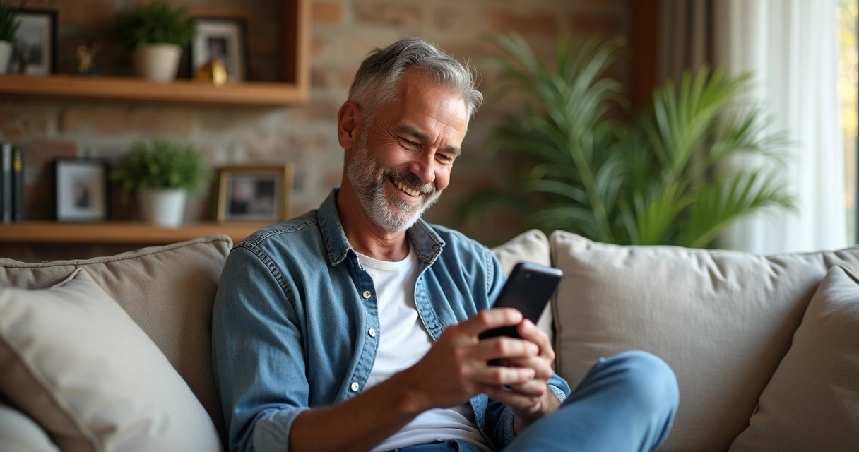 Homem sorridente gravando depoimento com celular 