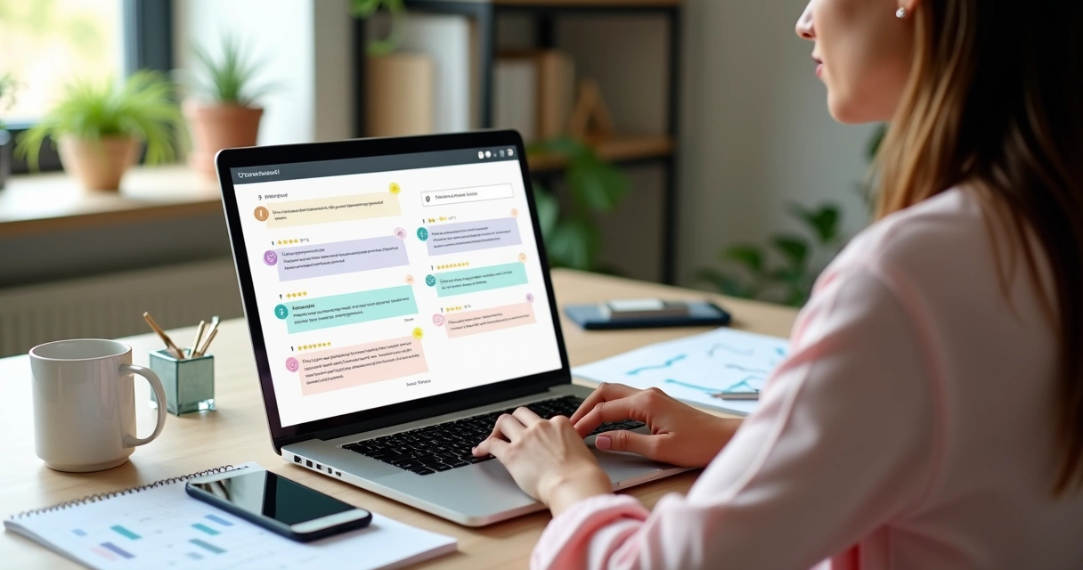 Empresária analisando depoimentos de clientes na tela do notebook 
