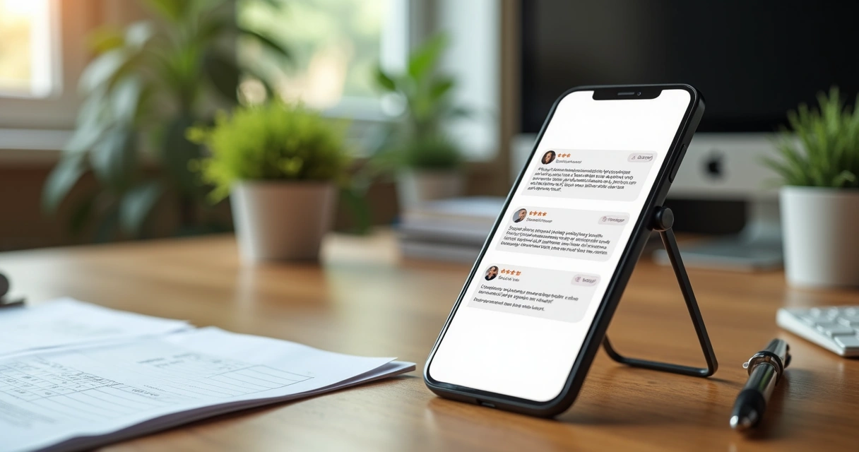 Depoimentos de clientes exibidos em celular sobre mesa de escritório