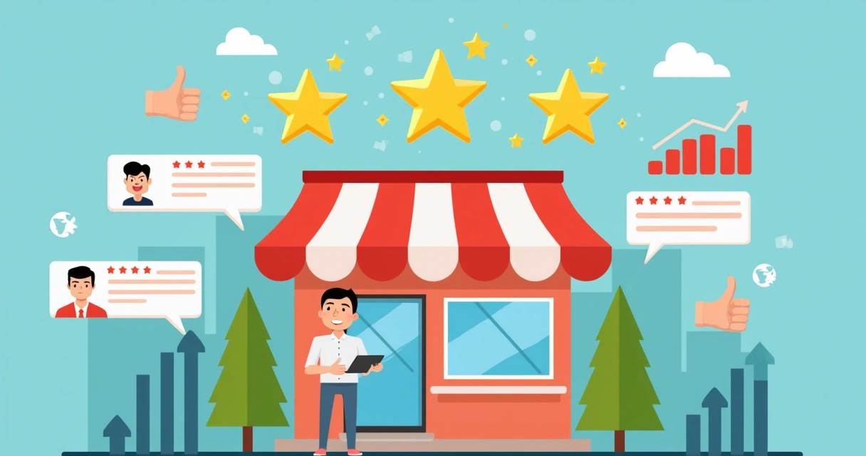 Ícones de avaliações e comentários positivos ao redor de uma empresa 