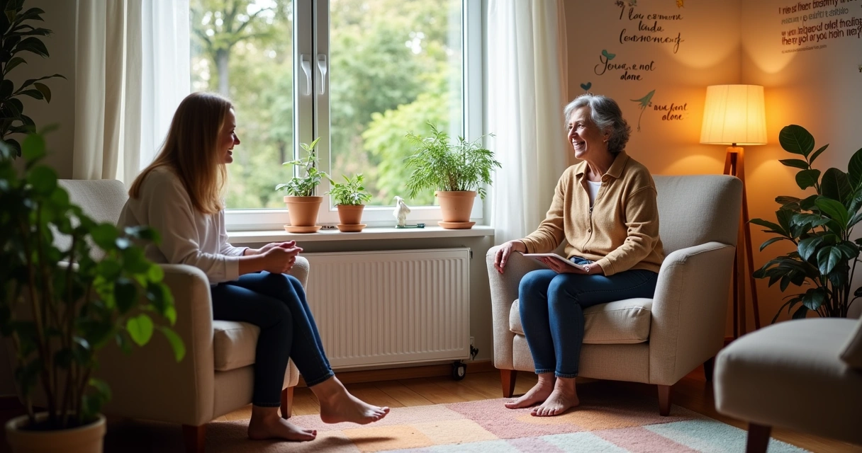 Paciente em terapia conversando com terapeuta em sala aconchegante, com elementos de apoio no ambiente.