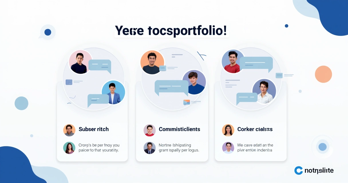 Depoimentos de clientes em tela de portfólio digital com fotos de pessoas e logotipos de empresas 