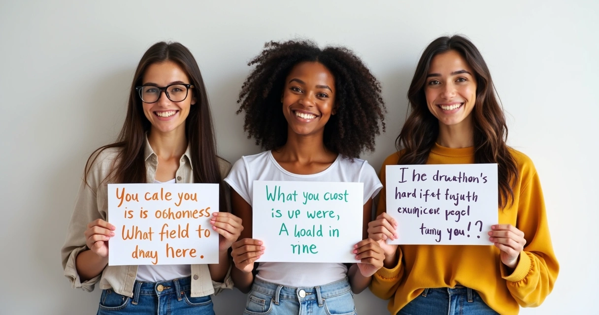 Mulheres sorrindo segurando depoimentos em papéis coloridos 