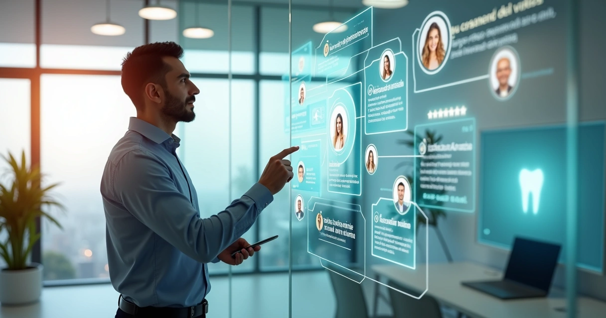 Gestor de clínica analisando mural digital de depoimentos de pacientes felizes 