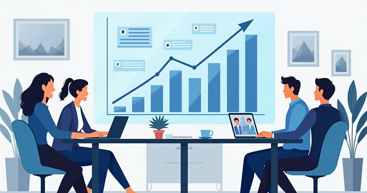 Ilustração flat corporativa de equipe comercial discutindo depoimentos e gráficos de resultados positivos 