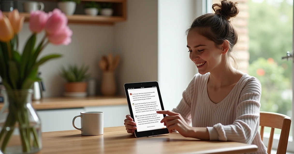 Pessoa sorrindo ao ler depoimentos de tarot no tablet 