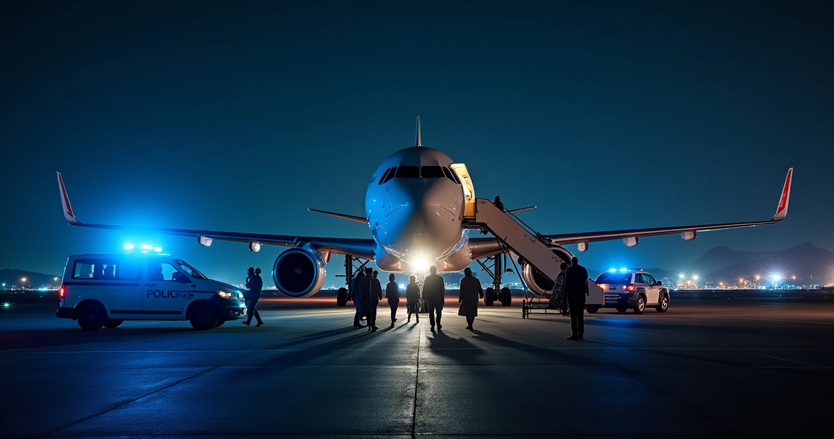 Avião decolando à noite em pista no Chile com viaturas policiais ao lado e pessoas embarcando 