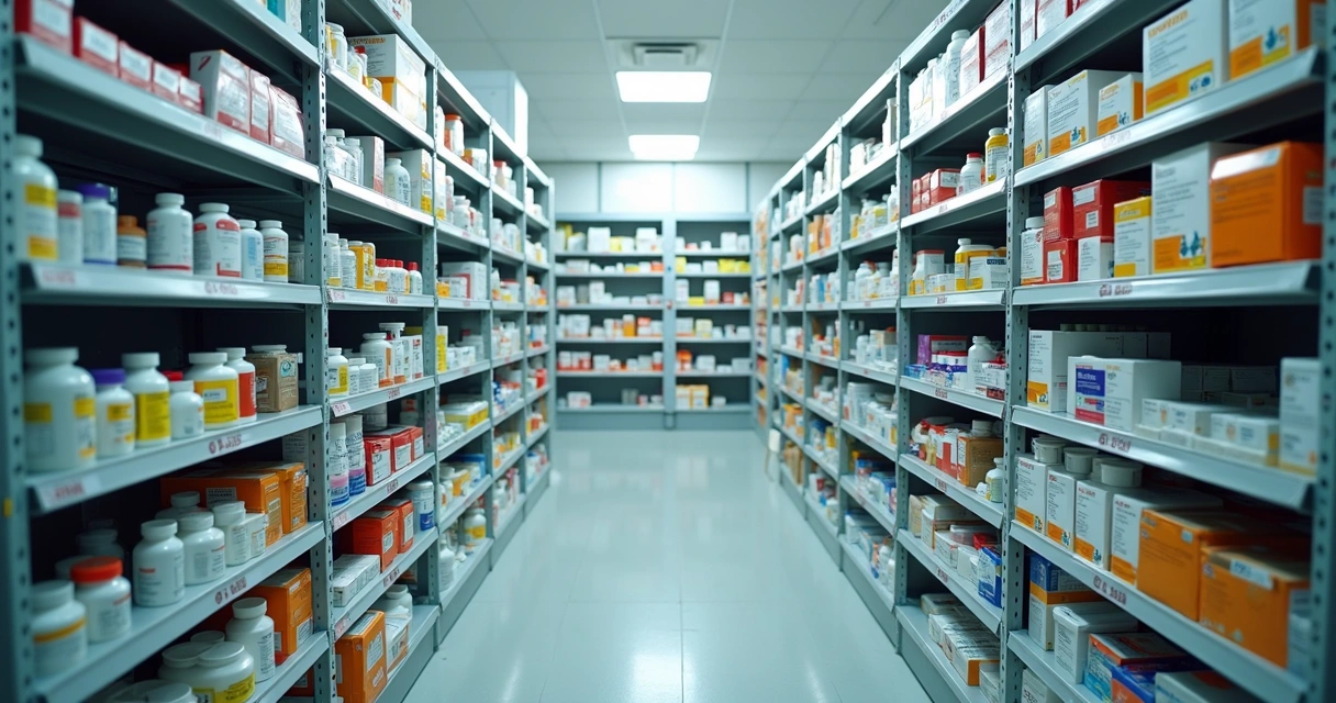 Corredores de estoque de farmácia com prateleiras organizadas 