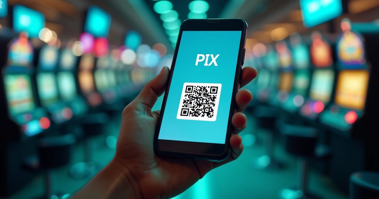 Mão segurando smartphone com tela de aplicativo de pagamento PIX aberta mostrando QR code, fundo com elementos digitais e jogos de cassino ao redor 
