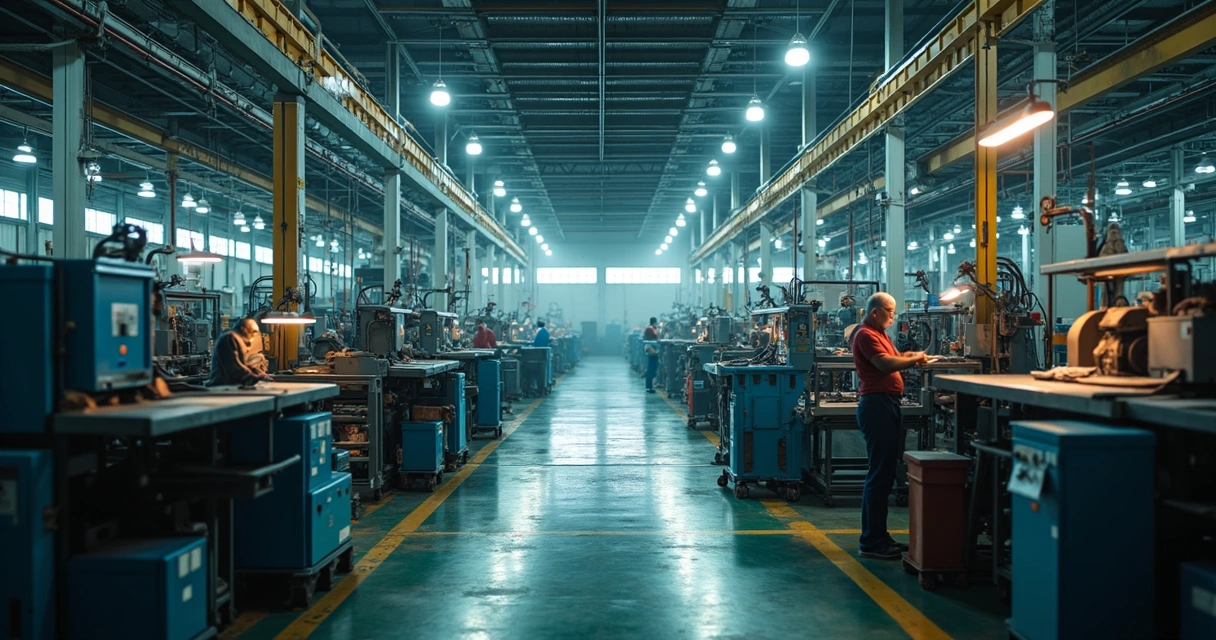 Maquinário de fábrica visto de cima com etiquetas de custo e anos de uso 