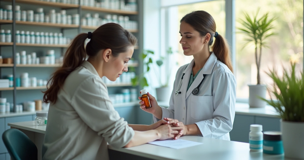 Mulher conversando com farmacêutica em farmácia de manipulação sobre tratamento para depressão 