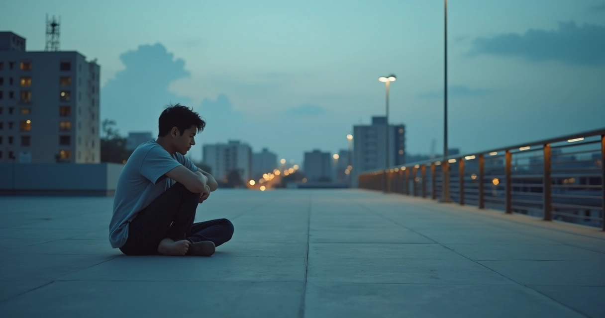 Pessoa em terraço urbano vazio encarando passarela iluminada ao fundo 