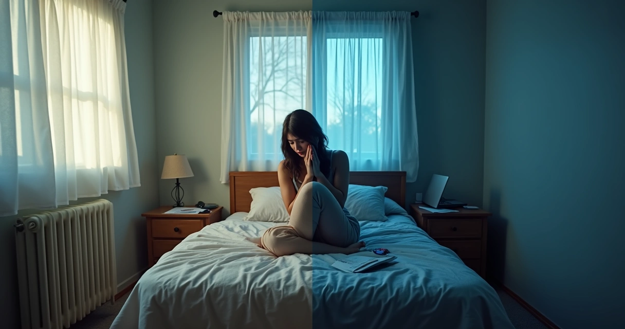 Mulher pensativa sentada em metade iluminada e metade escura de um quarto 