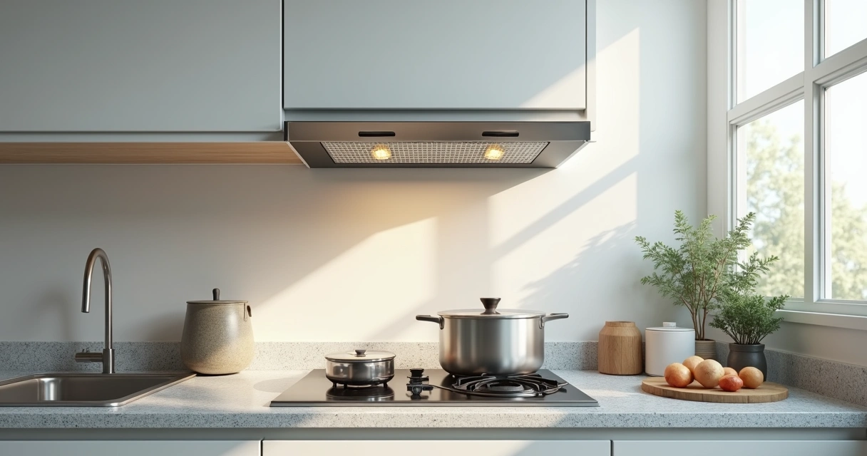 Depurador compacto preso acima de fogão duas bocas em cozinha pequena 