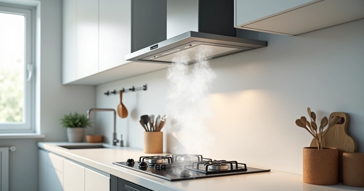 Instalação de depurador de ar sobre fogão em cozinha de apartamento 