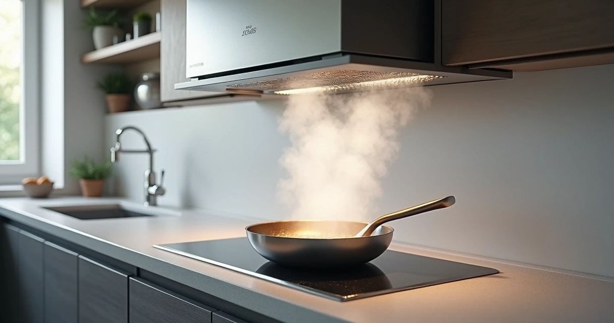 Depurador de ar instalado acima do fogão em uma cozinha moderna 