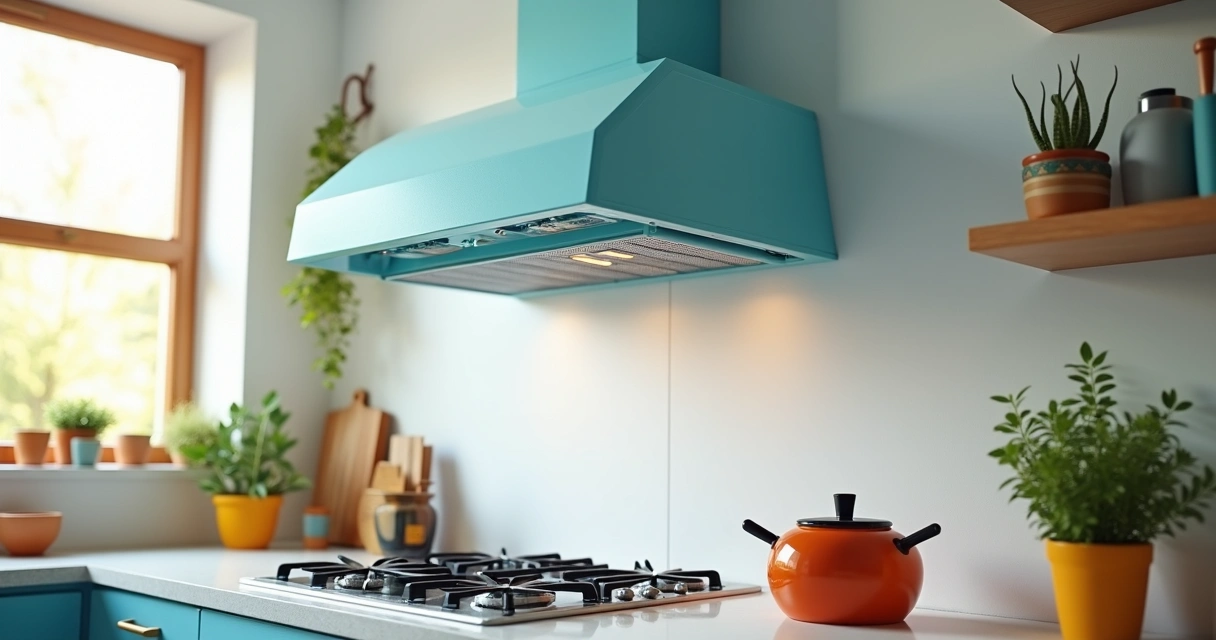 Depurador retrô azul instalado em cozinha decorada com plantas 