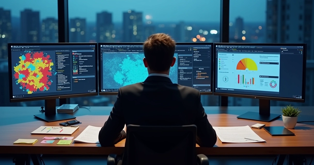 Deputado em gabinete analisando telas de softwares de dados políticos lado a lado 