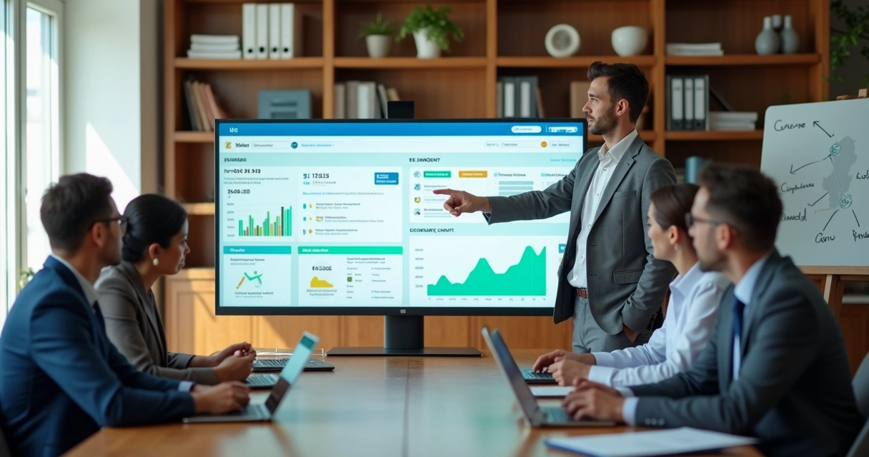 Deputado estadual em gabinete analisando painel de CRM com equipe 