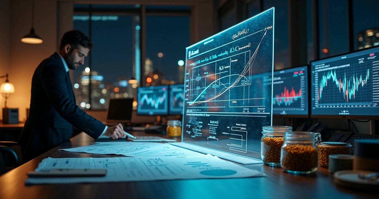 Quantitative analyst drawing derivative pricing models beside commodity samples 